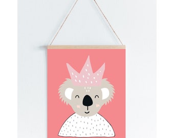 Scandi koala print pink princess nursery or kids room decor A5, A4, A3  Wall Art prints