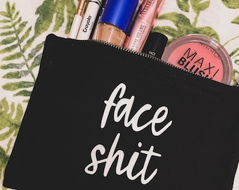 Face shit Canvas zipper pouch black make up bag. Beauty accessory. Silver and black. Cute gift