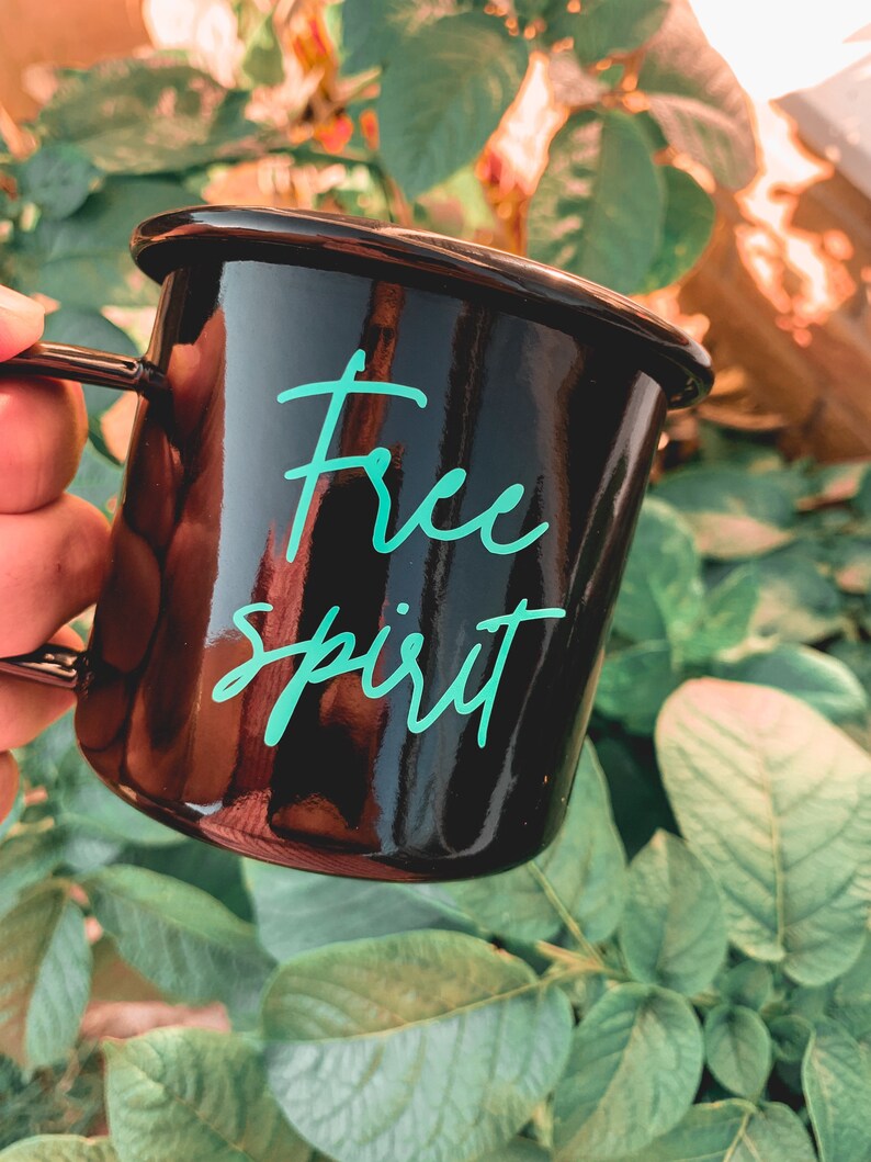 Black enamel mug, camping picnic mug, free spirit in green, Cute travel mug with slogan, beach drink ware, retro summer, glamping supplies image 1