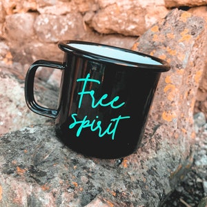 Black enamel mug, camping picnic mug, free spirit in green, Cute travel mug with slogan, beach drink ware, retro summer, glamping supplies image 2