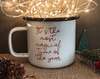 Festive White and Red Christmas Enamel Mug It’s the most magical time of the year