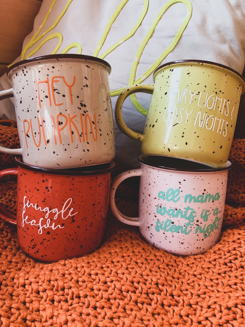 Autumn ceramic mug, choice of seven, campfire, retro style, snuggle season, hey pumpkin, fall decor, fairy lights, cosy nights, winter mugs