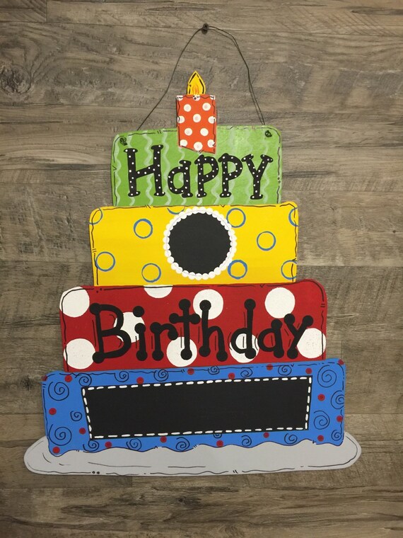 Custom Personalized Happy Birthday Cake Blank Chalkboard Polka Dot Decoration Door Hanger Hand Painted Wood Primary