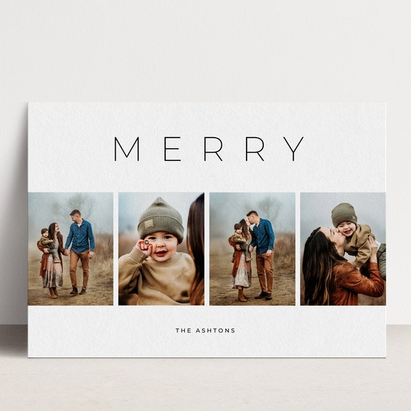 Printed Photo Christmas Card, Custom 4-Photo Collage, Personalized Merry Family Holiday Card, White Minimalist Modern, Simple Xmas Greeting