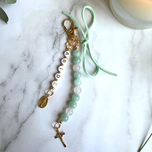 Abide Rosary Decade – Mint Green & White | Catholic Keychain | Miraculous Medal | Faith Gift