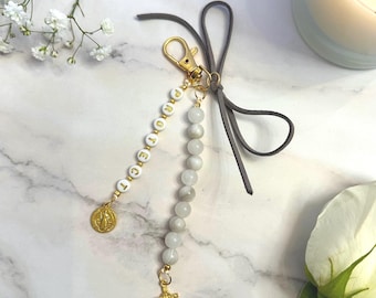 Protect Rosary Decade Bag Charm - Soft Gray & White | Catholic Keychain | St Benedict Medal | Catholic Gift