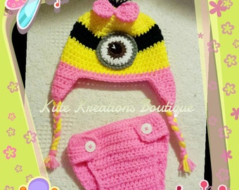 Imspired Crochet Pink Minion Diaper Cover Set with Earflap Beanie