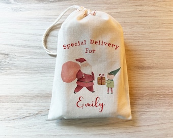 May include: A cream-colored fabric drawstring bag featuring a red printed inscription that reads Special Delivery For Emily. The bag displays a watercolor illustration of Santa Claus carrying a large sack and an elf holding a gift box.