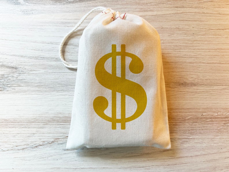 Dollar Sign Money Bag Favor Gift Bag. Cotton Drawstring Bag Gold