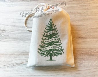 Christmas Tree Favor Bag - Wishing you a very merry Christmas Bag. Cotton Drawstring bags Stocking Stuffers Christmas Favors - personalized
