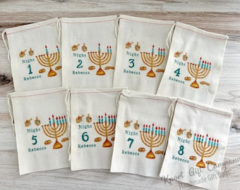 Hanukkah Gift Bag Set for Kids - Personalized 8 Nights of Chanukah Countdown Gift Wrapping - Hanukah Custom Bags