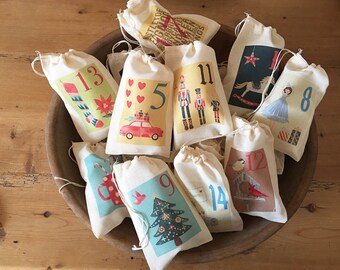 Festive Advent Calendar Christmas Bags - Colorful Holiday Bag Set - Countdown to Christmas - 25 Vintage 4x6 5x7