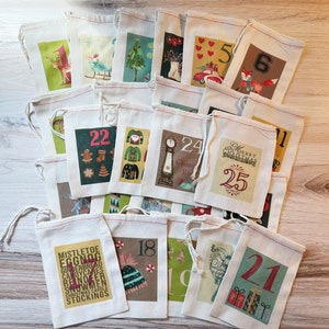 Festive Advent Calendar Christmas Bags Colorful Holiday Bag Set Countdown to Christmas Cotton Drawstring Bags 25 Vintage advent bags image 1