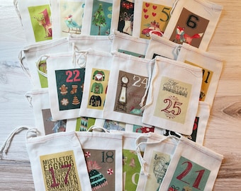 Festive Advent Calendar Christmas Bags - Colorful Holiday Bag Set - Countdown to Christmas - Cotton Drawstring Bags - 25 Vintage advent bags