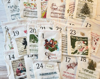 Christmas Carols Advent Calendar Bags, Vintage Holiday Countdown (Set of 25)