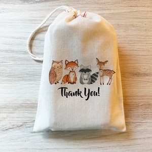 Woodland Fox Deer Owl Forest Gift Party Favor Bags. Drawstring Birthday Gift Basket Bags Personalized. Cotton