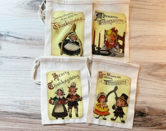 Thanksgiving Retro Holiday Favor Gift Bags - Thanksgiving bags - 4 Bag Set - Cotton Drawstring Bags