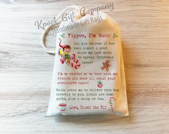Christmas Elf Bag - Personalized Bag Elf - Arrival Kit Elf Custom bag  Christmas gift bag Custom Elf name Cotton Drawstring Elf Back