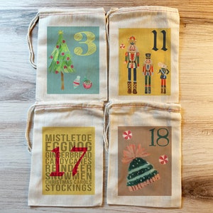 Festive Advent Calendar Christmas Bags Colorful Holiday Bag Set Countdown to Christmas Cotton Drawstring Bags 25 Vintage advent bags image 2