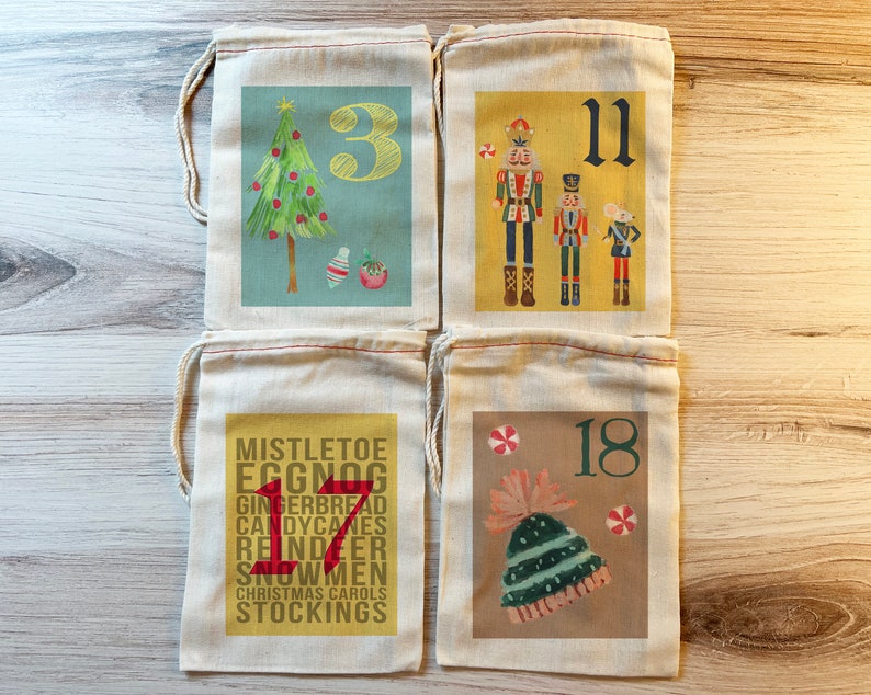 Festive Advent Calendar Christmas Bags Colorful Holiday Bag Set Countdown to Christmas Cotton Drawstring Bags 25 Vintage advent bags image 2