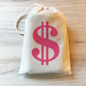 Dollar Sign Money Bag Favor Gift Bag. Cotton Drawstring Bag Pink