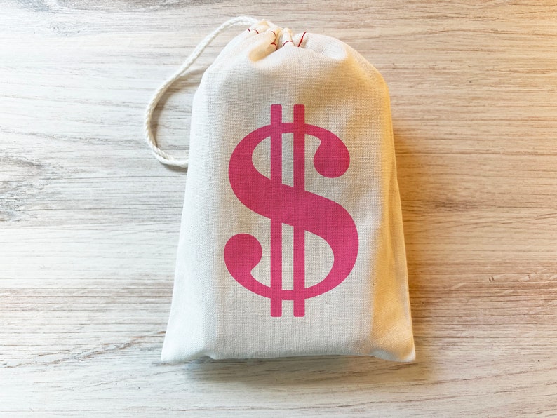 Dollar Sign Money Bag Favor Gift Bag. Cotton Drawstring Bag Pink