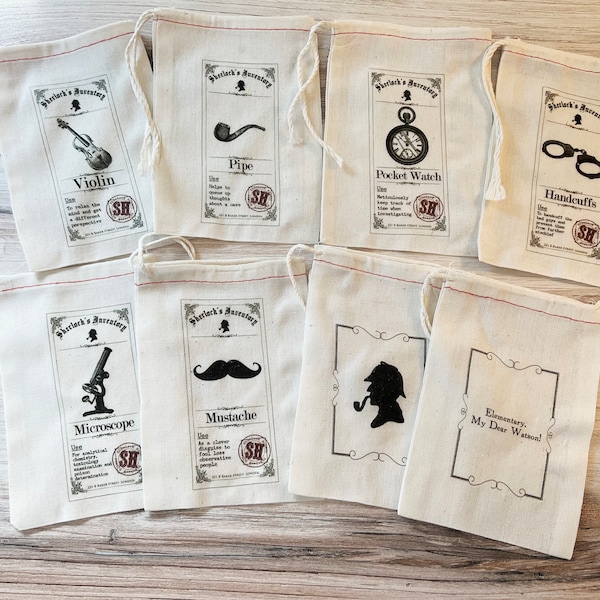 Sherlock Holmes Gift Favor Bags. Set of 8 Fun Holmes Watson mystery collection Cotton Drawstring bags -  Party Escape Birthday