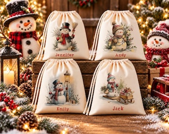 Personalized Snowman Christmas Gift Bag | Handmade Drawstring Bag | Custom Name Christmas Bag | Holiday Treat & Gift Bag