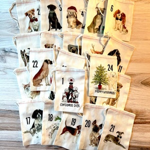 Dogs Christmas Advent Calendar Bags - Merry Woofmas Bag Set - Countdown to Christmas - Dog Christmas - Cotton Drawstring Bags