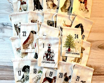 Dogs Christmas Advent Calendar Bags - Merry Woofmas Bag Set - Countdown to Christmas - Dog Christmas - Cotton Drawstring Bags
