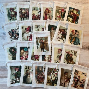 Victorian Advent Calendar Christmas Holiday Bags. Countdown to Christmas Set of 25 Victorian Vintage Advent Bags primitive Christmas