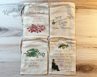 4 Its a Wonderful Life Merry Christmas Holiday Gift Bags. Set of 4 Cotton Drawstring Bags