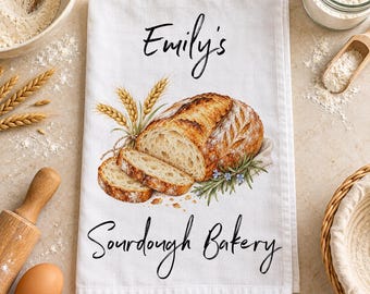 Personalized Sourdough Bread Towel, Custom Home Bakery Flour Sack Tea Towel, Sourdough Baker Gift, Farmhouse Kitchen Decor