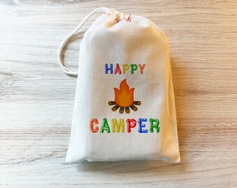 Happy Camper Multi Colors - Camping Party Favor Bag -Drawstring Cotton Bag Personalized Custom