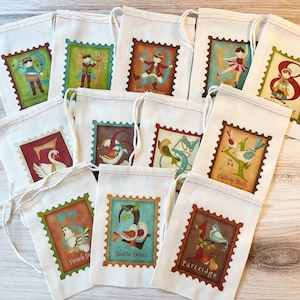 12 Days Of Christmas, Holiday Bags. Gift Set of 12 Cotton Drawstring gift basket ideas bags Stocking Stuffers 4x6, 5x7, 6x8, 8x12 image 1