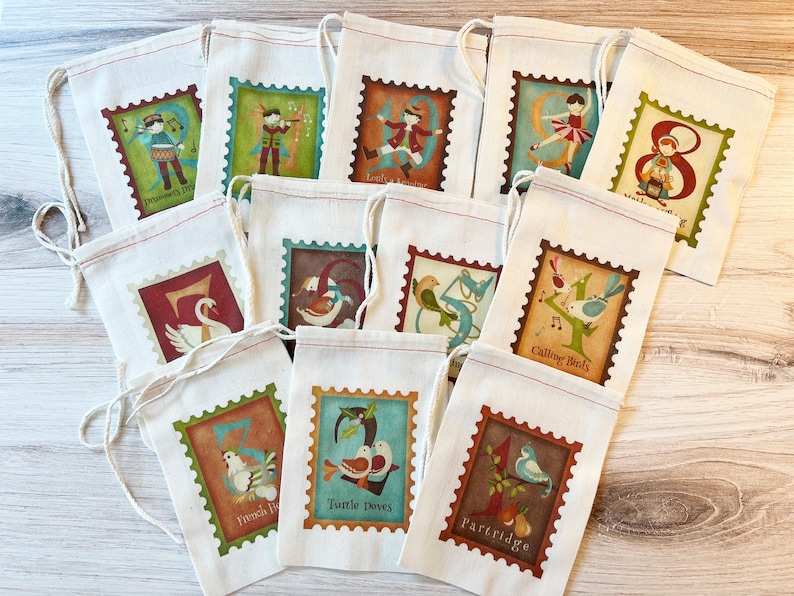 12 Days Of Christmas, Holiday Bags. Gift Set of 12 Cotton Drawstring gift basket ideas bags Stocking Stuffers 4x6, 5x7, 6x8, 8x12 image 1