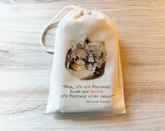 Christmas Carol - Scrooge  - Fezziwig - Dickens Book Gift Holiday Bag - Party Favor Bag - Cotton Drawstring