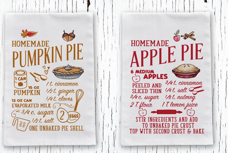 Pumpkin Pie Apple Pie Recipe Tea Towels Foodie Gift Unique Etsy