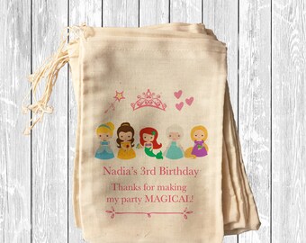 1 Princess Gift Party Favor Bag. 5x7 6x8 7x9 7x11 Drawstring Birthday Thank You Bags Personalized. Cotton