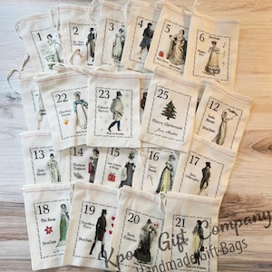 May include: Twenty-five small, white fabric gift bags with numbers 1 through 25 printed on them. Each bag features a different illustration from the novel Pride and Prejudice. The bags are arranged in a grid pattern on a wooden surface.