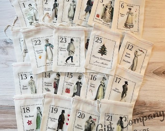 May include: A collection of twenty-four off-white fabric drawstring bags, each featuring a unique numbered design from 1 to 25, excluding 24. The bags display illustrations of characters in historical attire, names, and festive icons like trees.