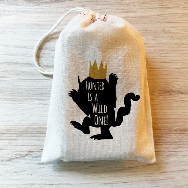 Wild One Gift Party Favor Bags. Cotton Drawstring Birthday Gift Bags Personalized