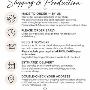 K&ouml;nnte beinhalten: Eine wei&szlig;e Infografik mit schwarzem Text unter dem Titel Shipping & Production. Sie enth&auml;lt f&uuml;nf kreisf&ouml;rmige Symbole, die ein Herz in H&auml;nden, eine Uhr, einen Briefumschlag, einen Kalender und eine Standortnadel darstellen und die Shop-Richtlinien erl&auml;utern.
