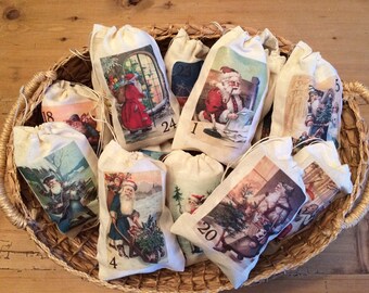 Santa Claus Advent Calendar Christmas Holiday Bags Countdown to Christmas Set of 25 Vintage Santa advent bags