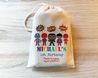 African American Black Boys or Girls Superhero Gift Party Favor Bags. Drawstring Birthday Bag Personalized Cotton Party Bags
