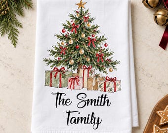Personalized Christmas Tree Flour Sack Towel | Custom Family Name Kitchen Towel | Farmhouse Christmas Decor | Holiday Hostess Gift
