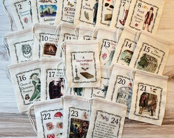 Christmas Carol Advent Calendar Christmas Bags - Scrooge - Dickens - Holiday Bag Set - Countdown to Christmas - 25 Bags