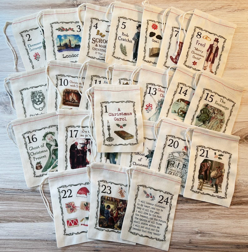 Christmas Carol Advent Calendar Christmas Bags - Scrooge - Dickens - Holiday Bag Set - Countdown to Christmas - 24 Vintage 4x6 5x7 