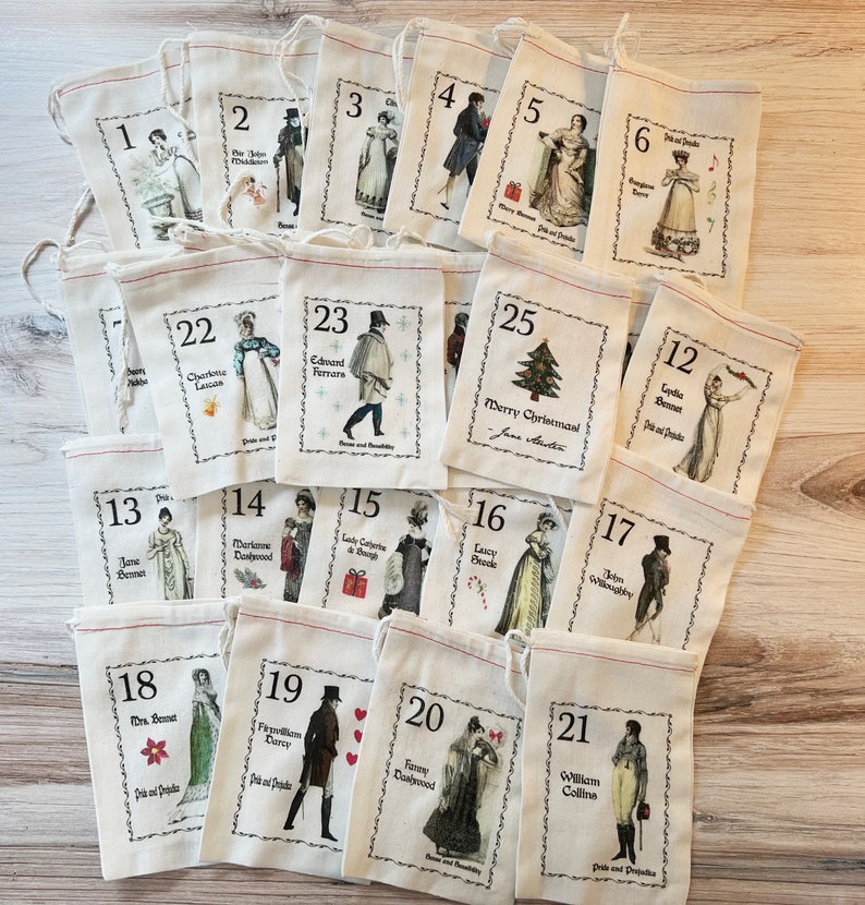 Jane Austen Advent Calendar Christmas Bags - Pride and Prejudice - Sense and Sensibility  - Countdown to Christmas - 25 Vintage 4x6 5x7 