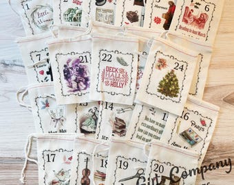 May include: A collection of twenty-four off-white fabric drawstring gift bags, each featuring a unique numbered design inspired by Little Women. The bags display various illustrations, including a violin, a piano, a Christmas tree, and text.
